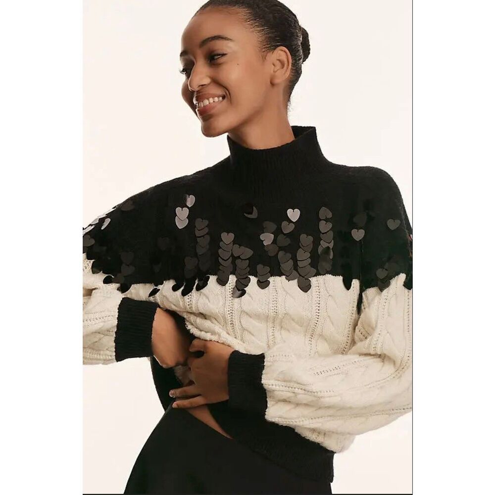 Maeve Colorblock Sequin Hearts Chunky Sweater